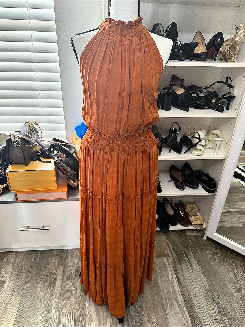 Taylor Pleated Halter Maxi Dress in Orange Size 4